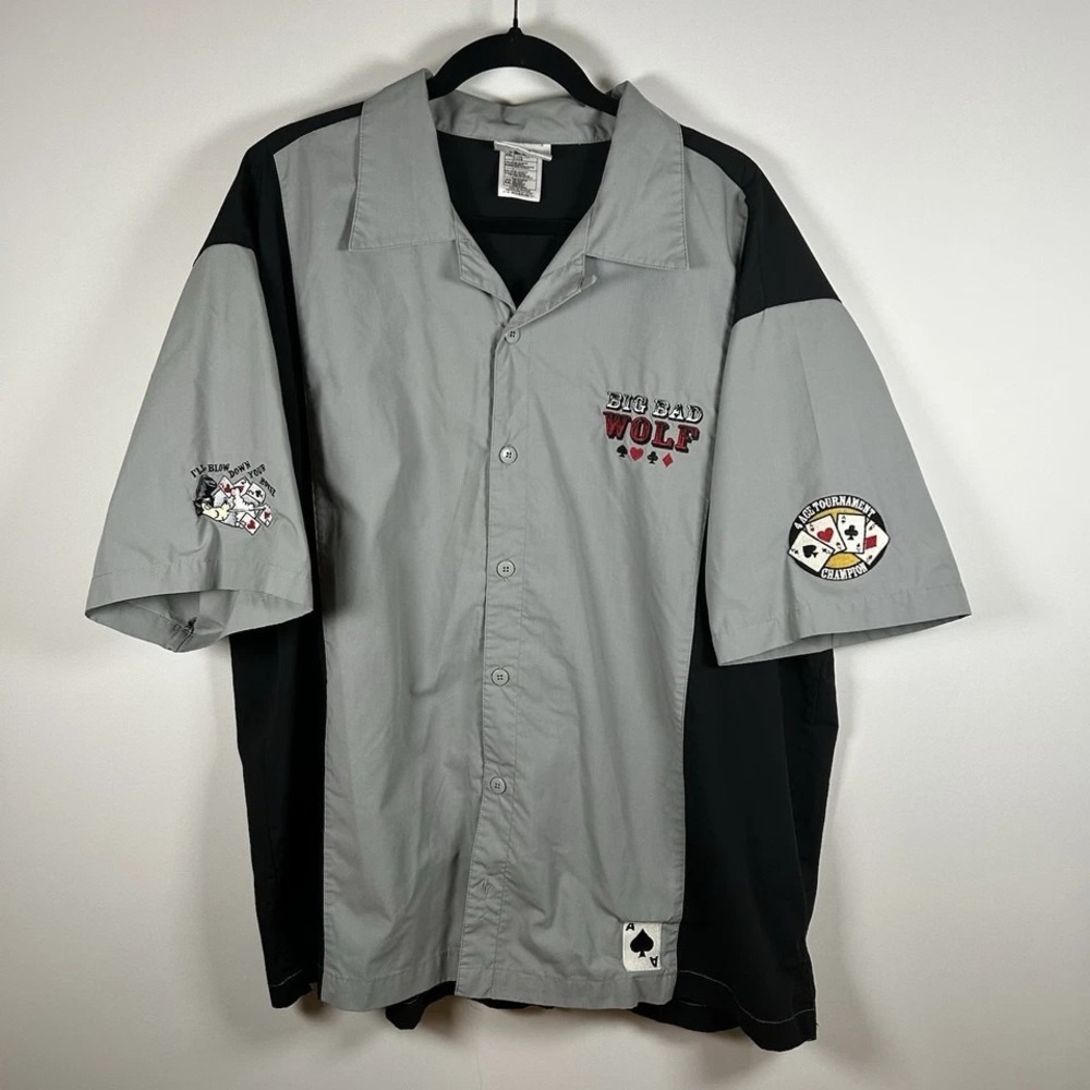Disney Big Bad Wolf Poker Club Shirt Men's XXL Gray Camp Collar Bowling Style